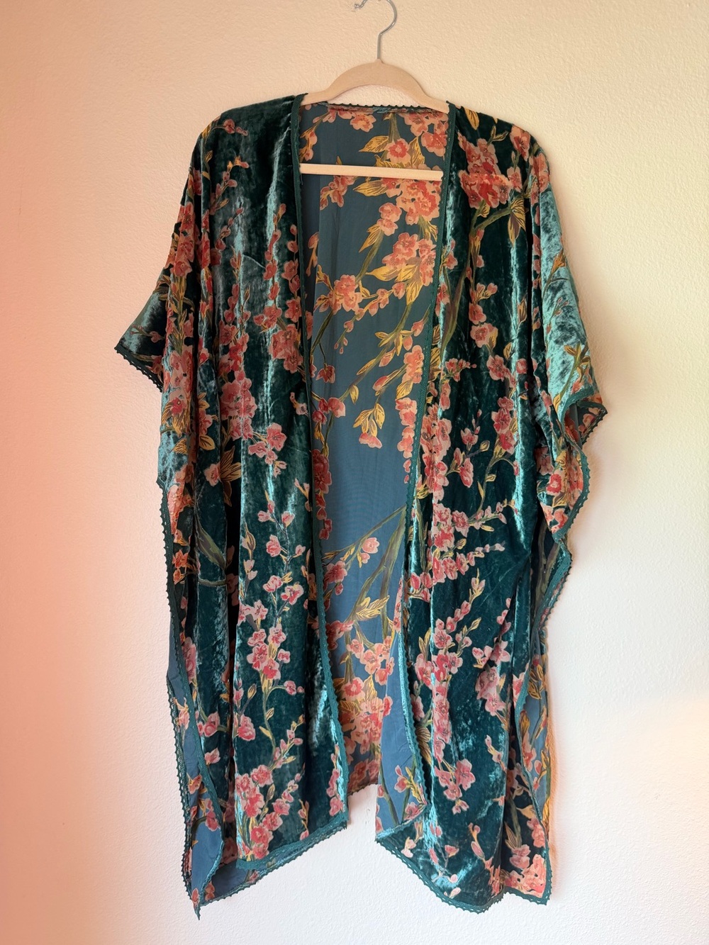 Green Floral Burnout Velvet Kimono, One Size